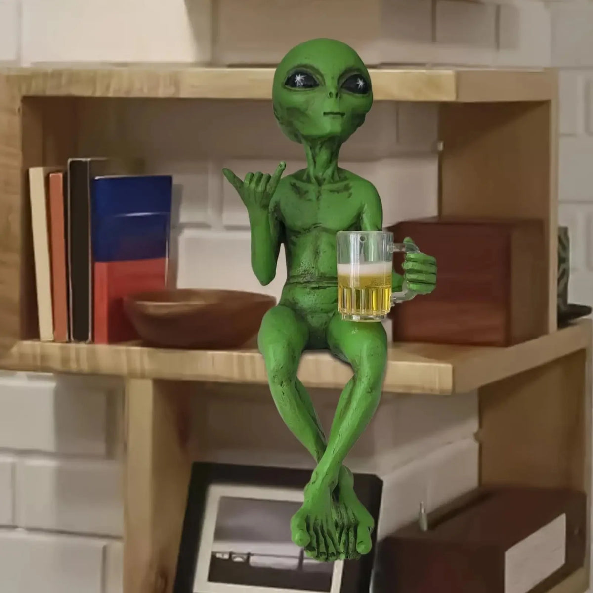 Alien figurine drinking beer resin statue