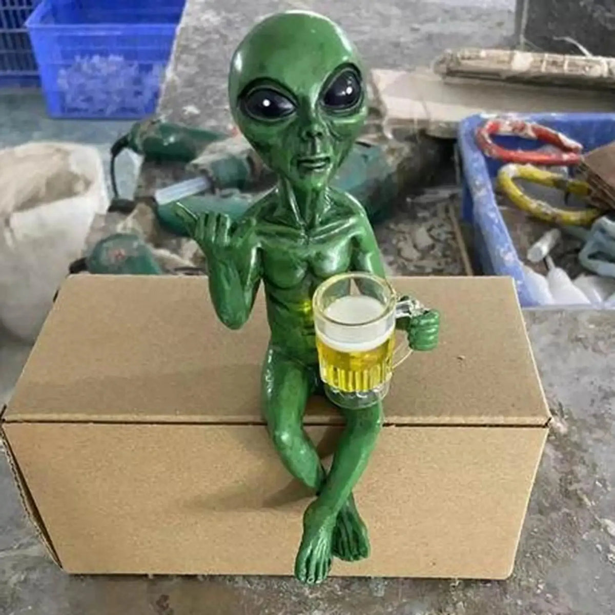 Alien figurine drinking beer resin statue