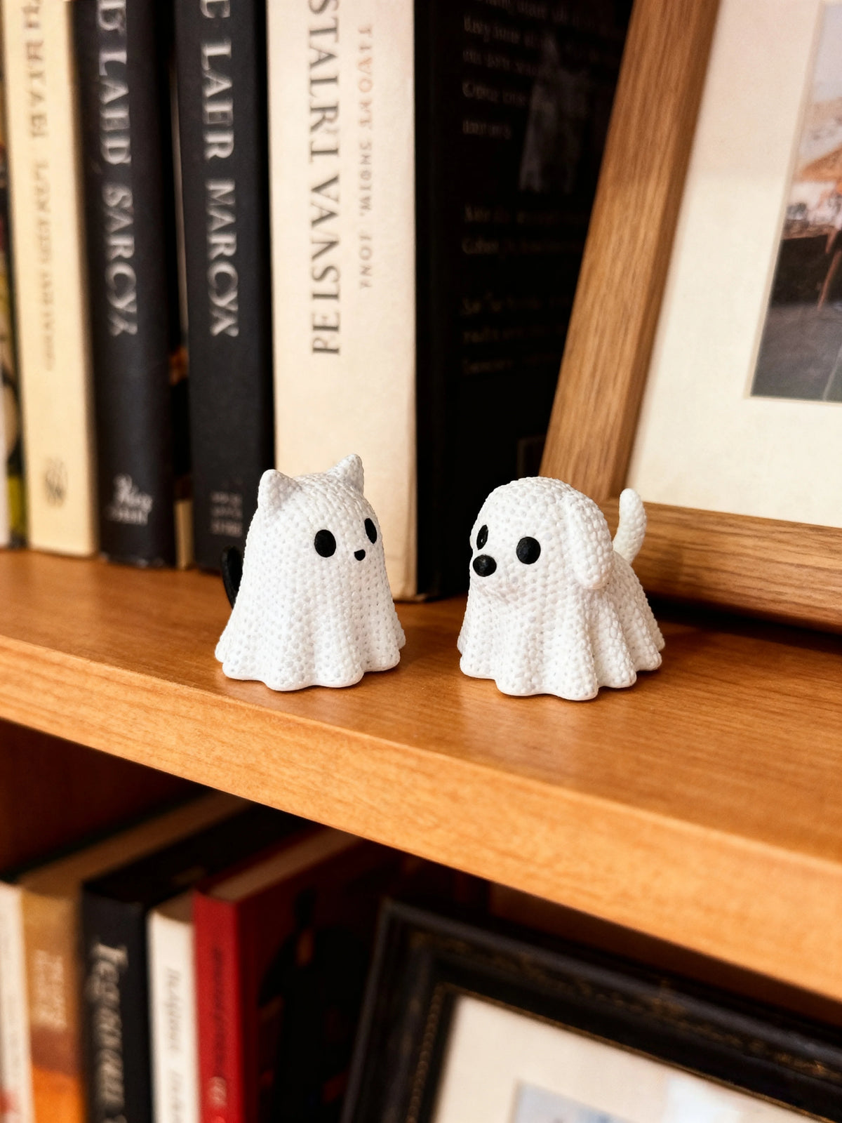Ghost cat and ghost dog halloween statue set
