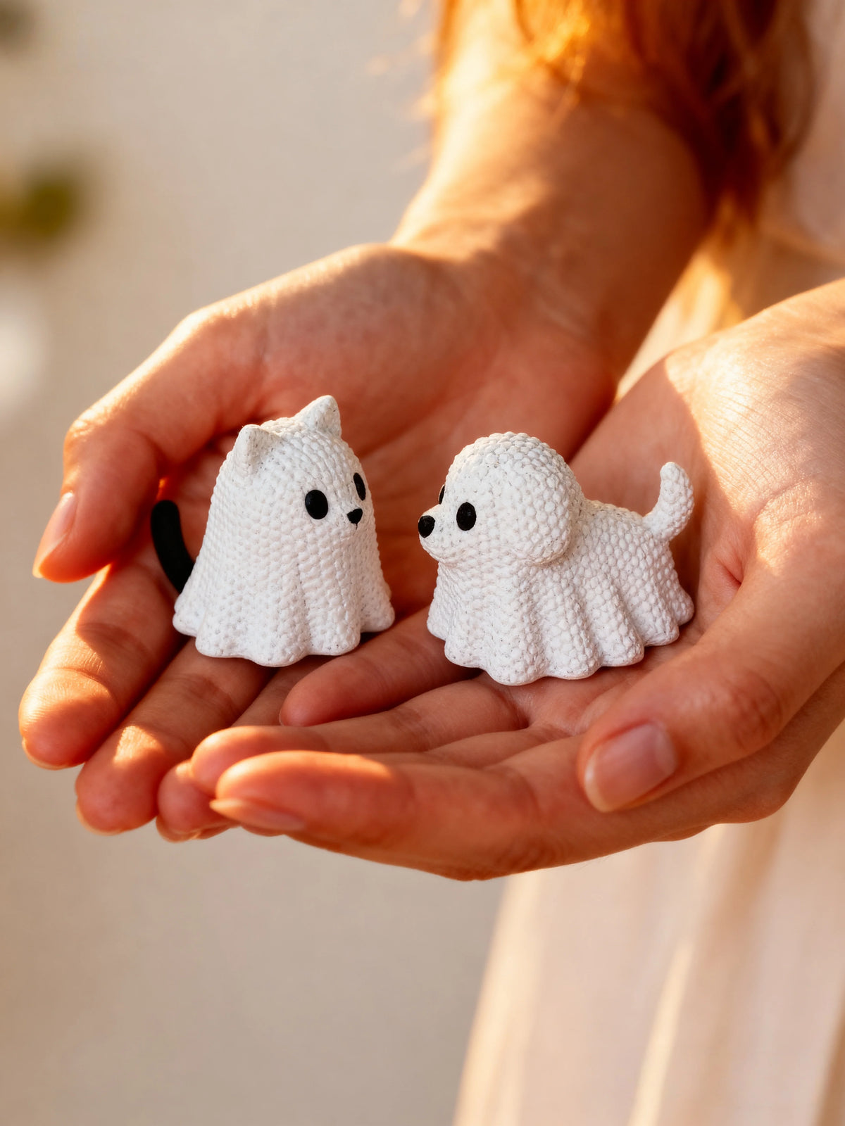 Ghost cat and ghost dog halloween statue set