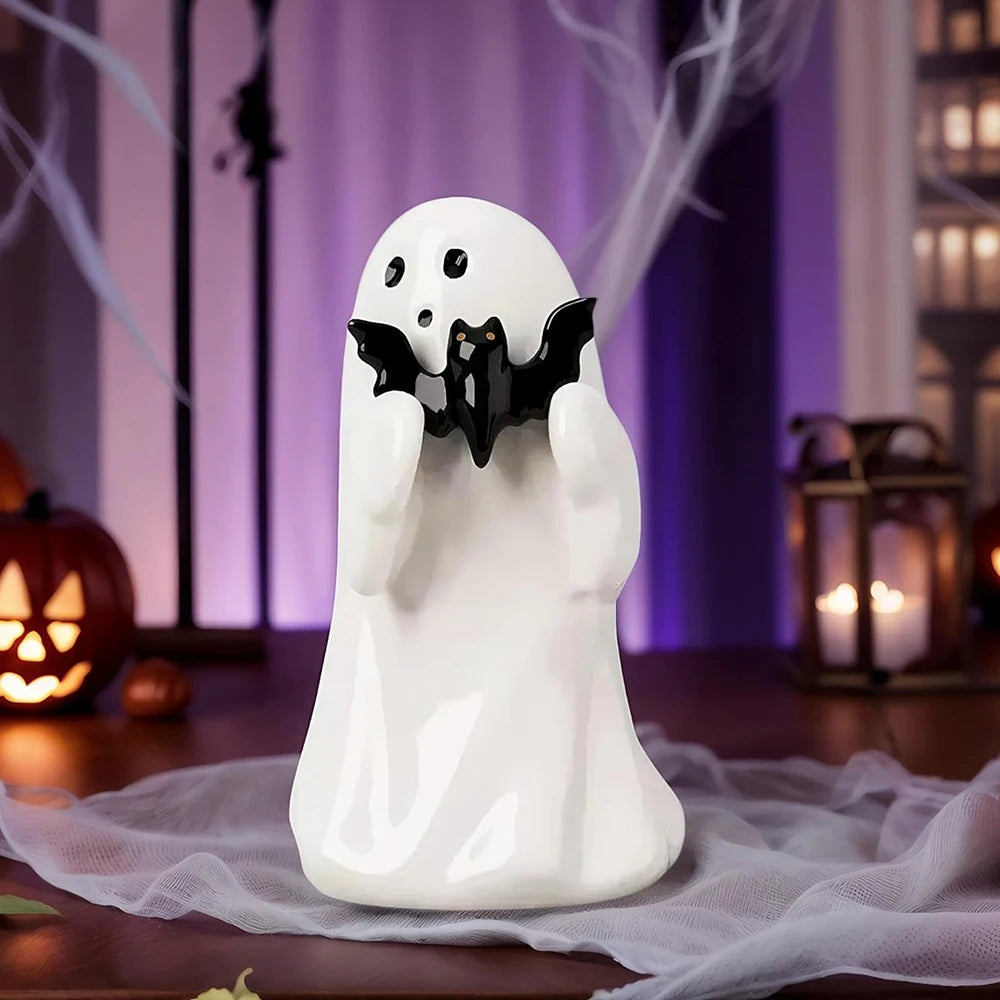 Kawaii ghost mini statue with bat halloween decor
