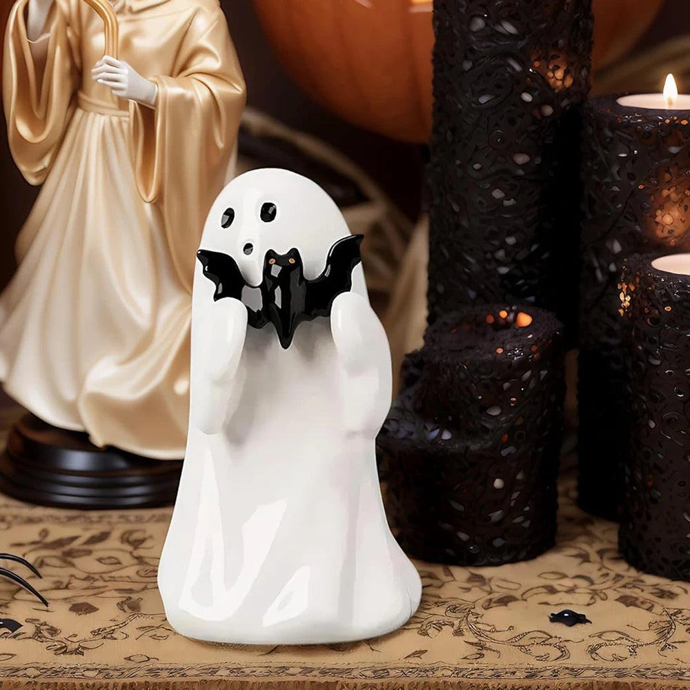 Kawaii ghost mini statue with bat halloween decor