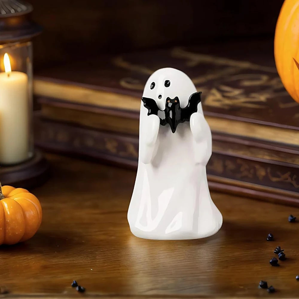 Kawaii ghost mini statue with bat halloween decor