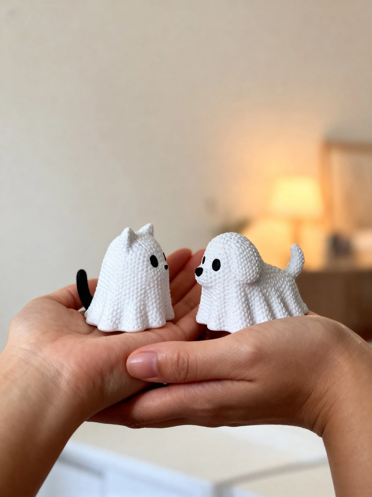 Ghost cat and ghost dog halloween statue set