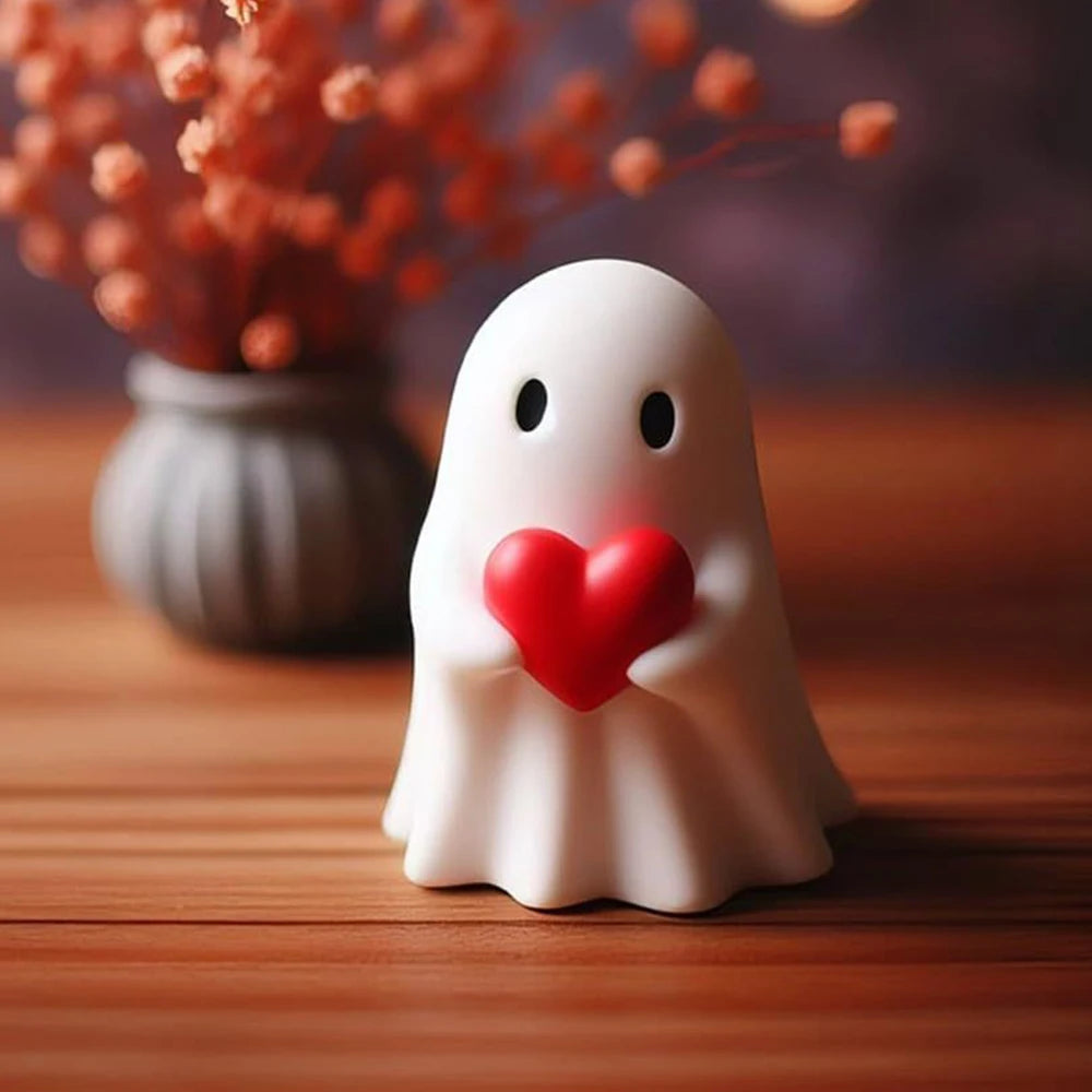 Kawaii ghost mini statue with bat halloween decor