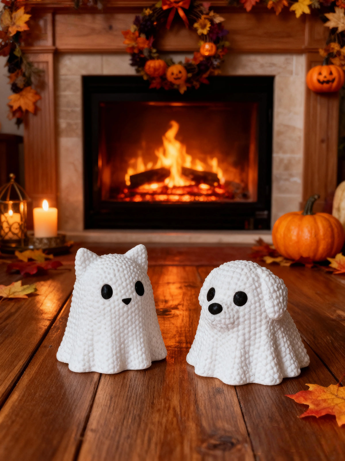 Ghost cat and ghost dog halloween statue set