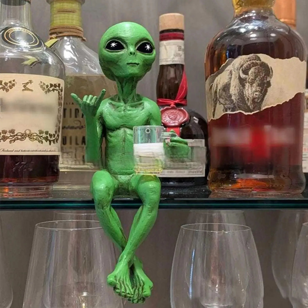 Alien figurine drinking beer resin statue