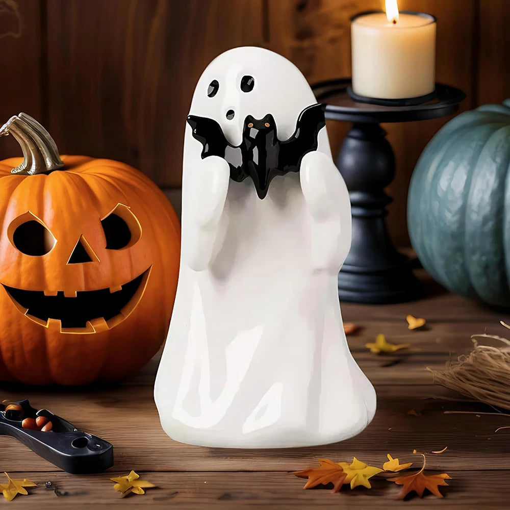 Kawaii ghost mini statue with bat halloween decor