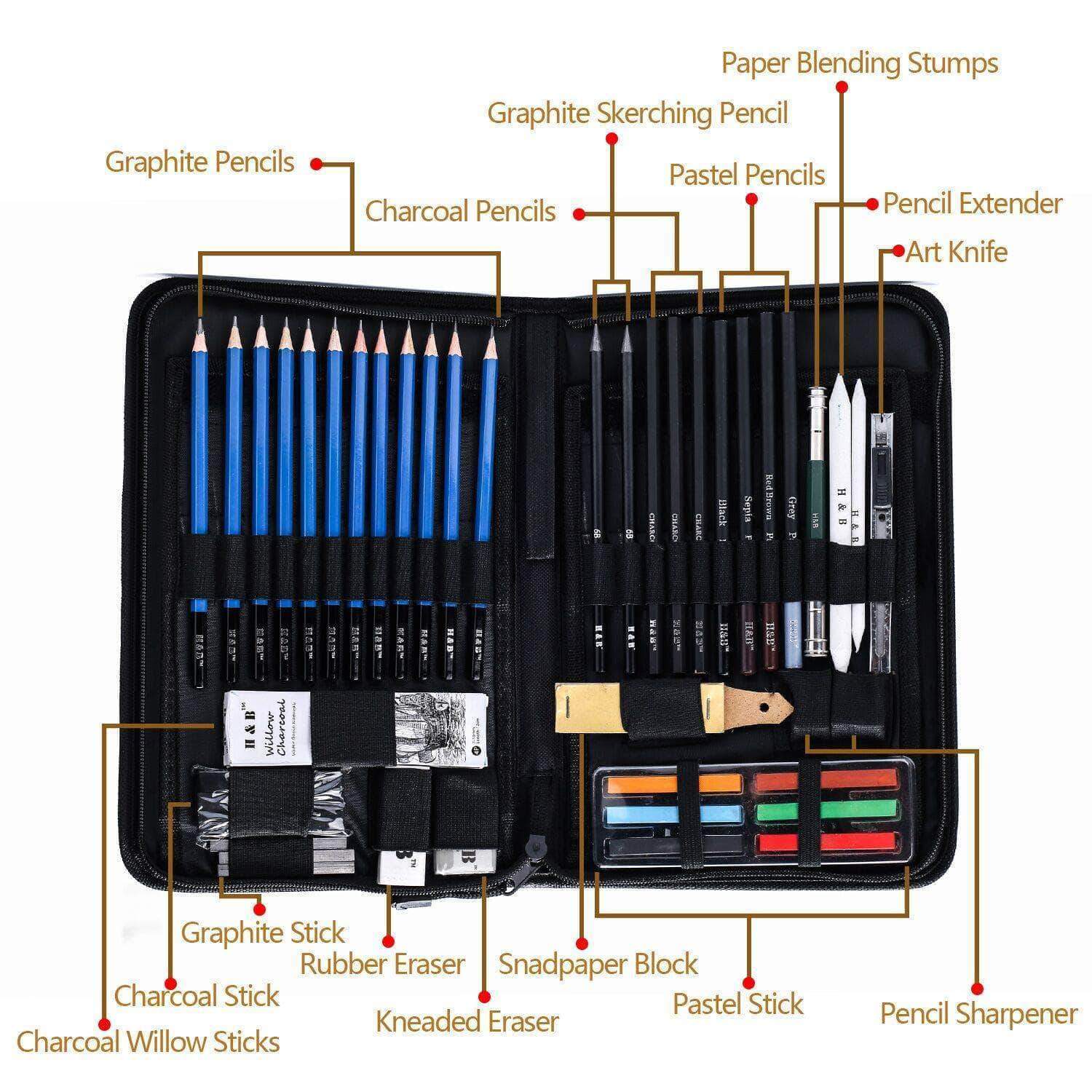 36pc Professional Sketching Drawing Set Art Pencil Kit Artists Graphite  Charcoal | eBay