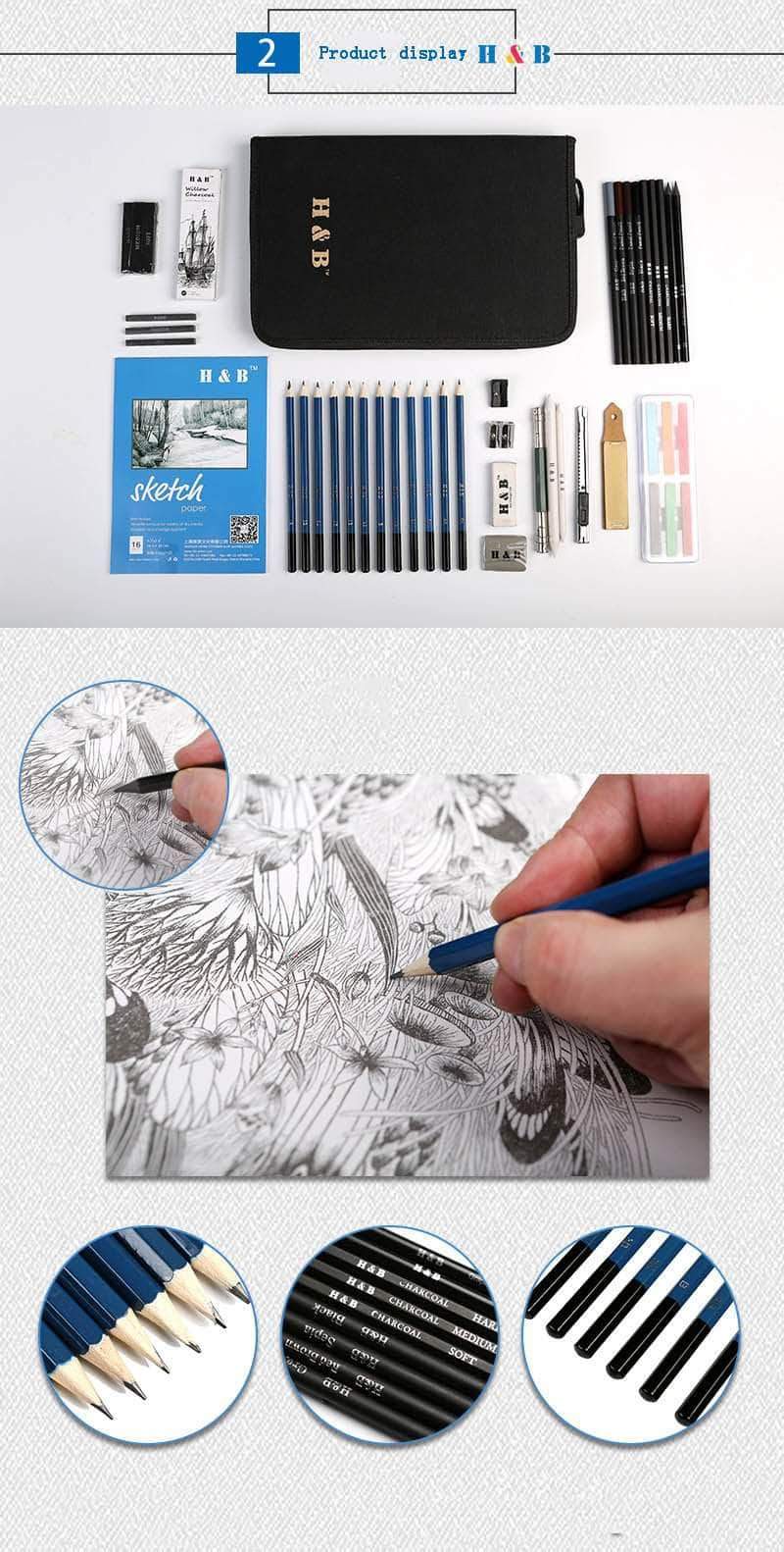 Professional Art Set - Drawing, Sketching and Charcoal Pencils, Drawing Pad,  Kne 